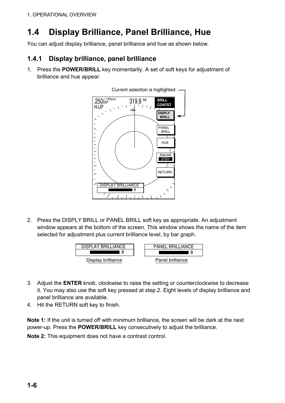 4 display brilliance, panel brilliance, hue, 1 display brilliance, panel brilliance | Furuno color video plotter GD1720C User Manual | Page 19 / 247