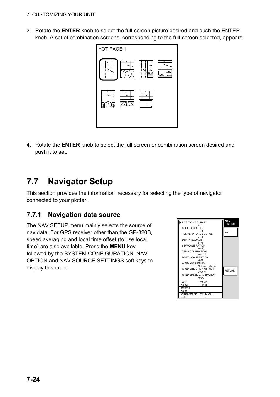 7 navigator setup, 1 navigation data source, Customizing your unit | Furuno color video plotter GD1720C User Manual | Page 193 / 247