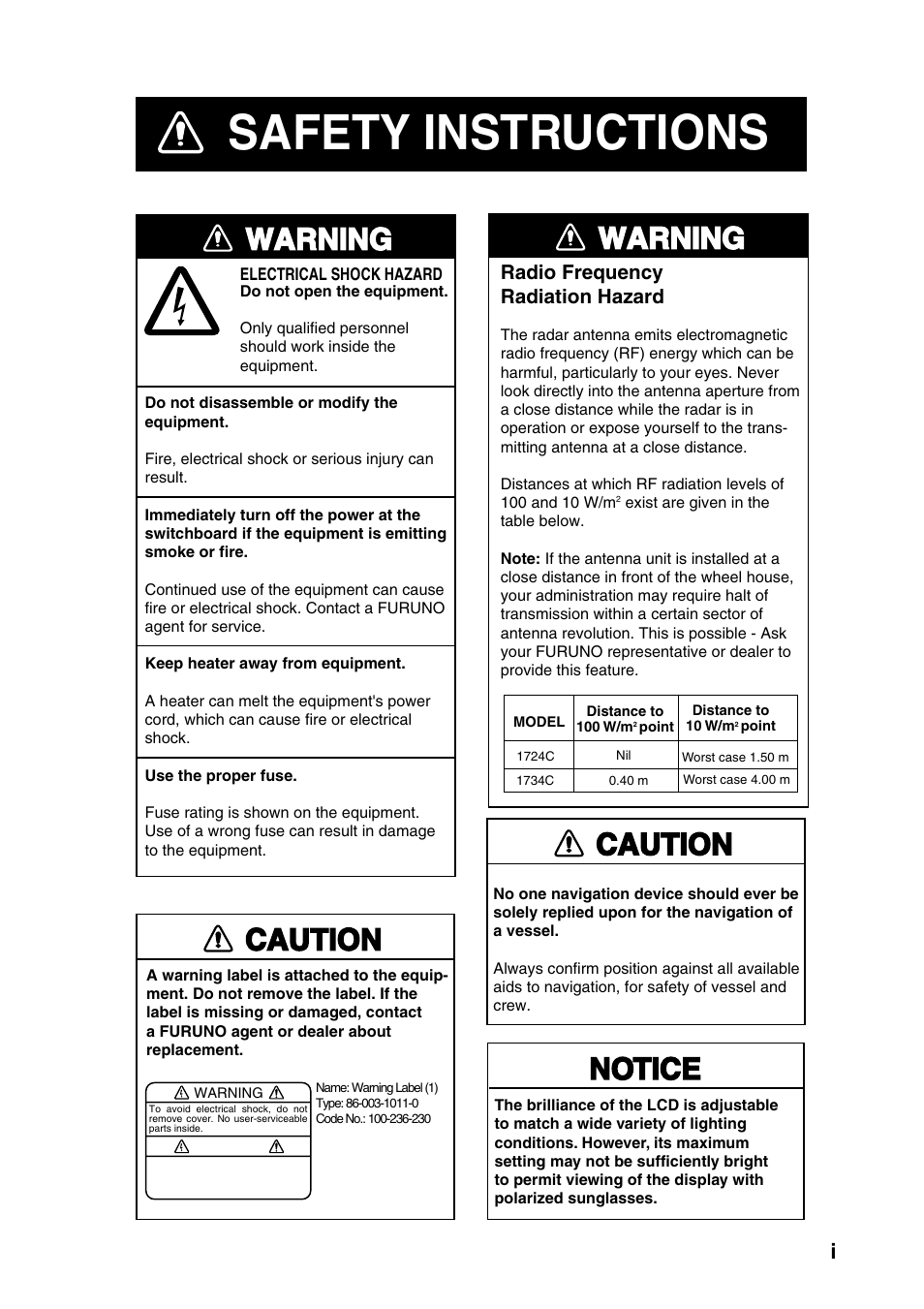Safety instructions, Warning, Caution | Notice | Furuno color video plotter GD1720C User Manual | Page 2 / 247