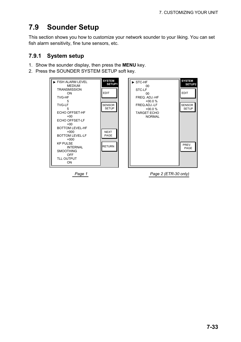 9 sounder setup, 1 system setup, Sounder system setup menu | Furuno color video plotter GD1720C User Manual | Page 202 / 247