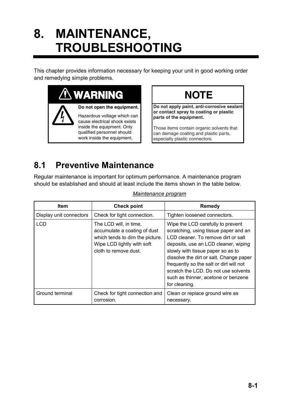 Maintenance, troubleshooting, 1 preventive maintenance, Warning | Furuno color video plotter GD1720C User Manual | Page 210 / 247