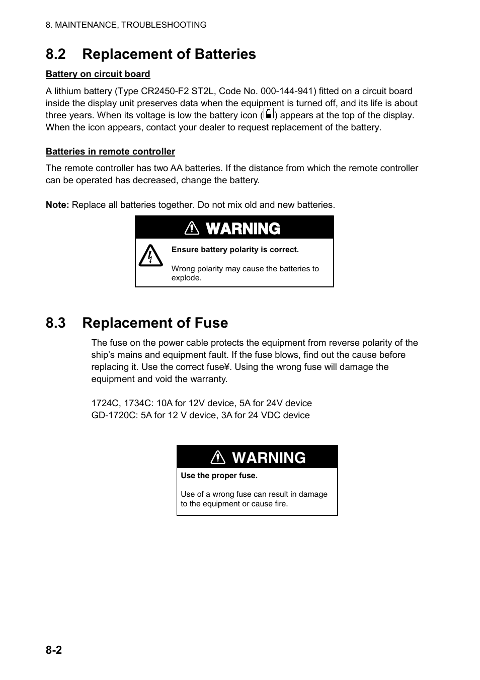 2 replacement of batteries, 3 replacement of fuse, Warning | Furuno color video plotter GD1720C User Manual | Page 211 / 247