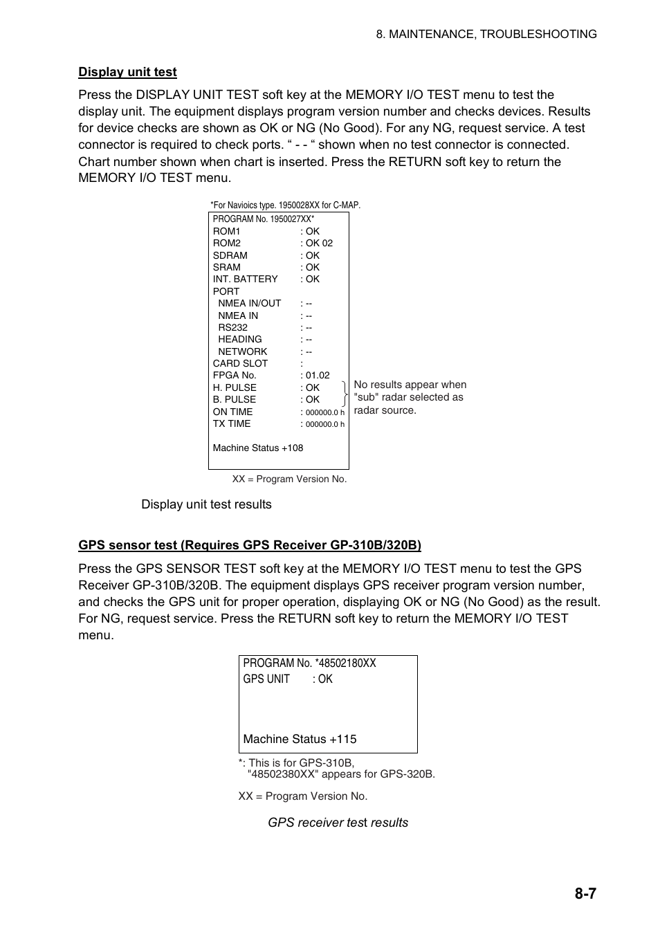 Gps receiver tes t results | Furuno color video plotter GD1720C User Manual | Page 216 / 247