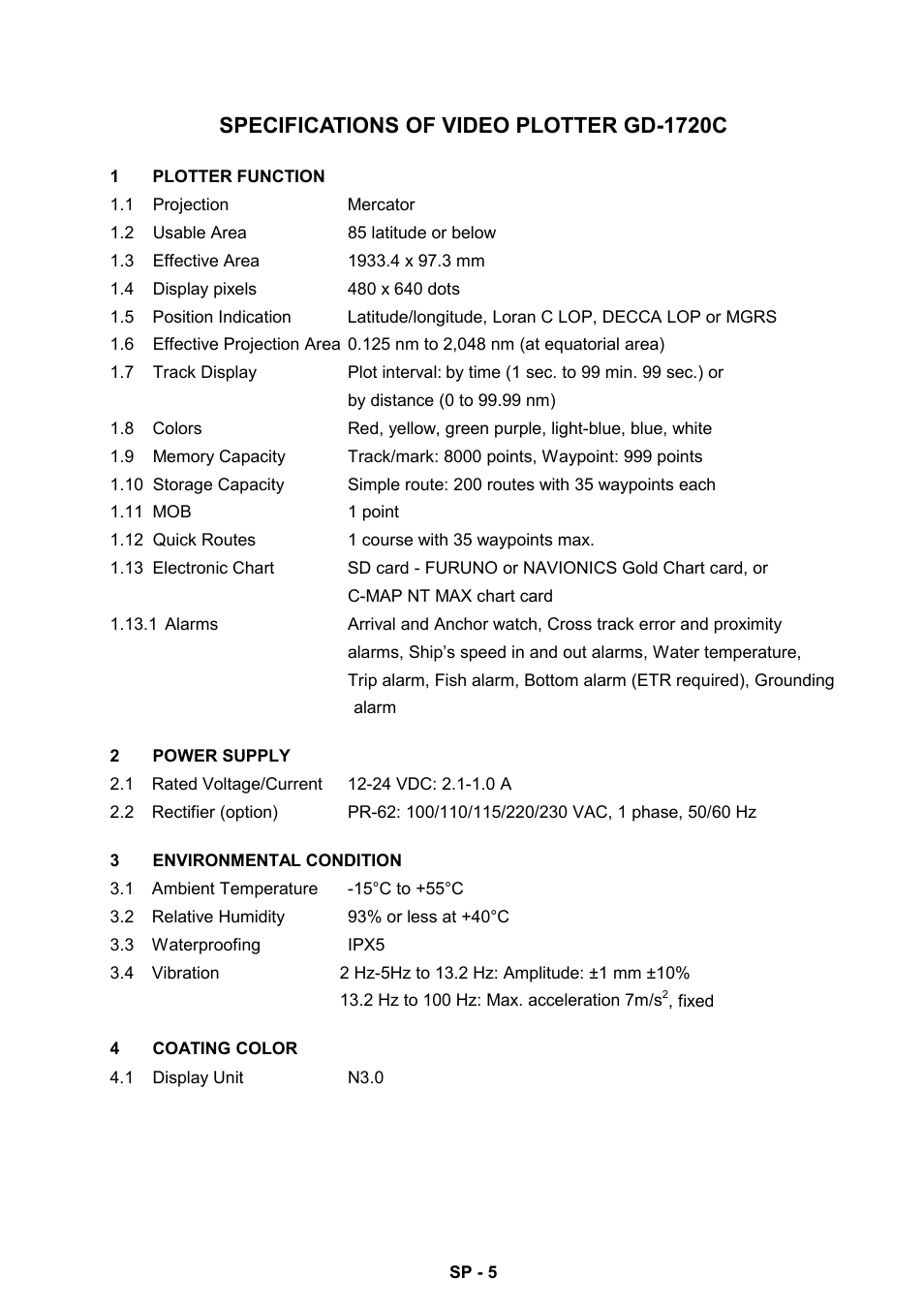 Specifications of video plotter gd-1720c | Furuno color video plotter GD1720C User Manual | Page 240 / 247