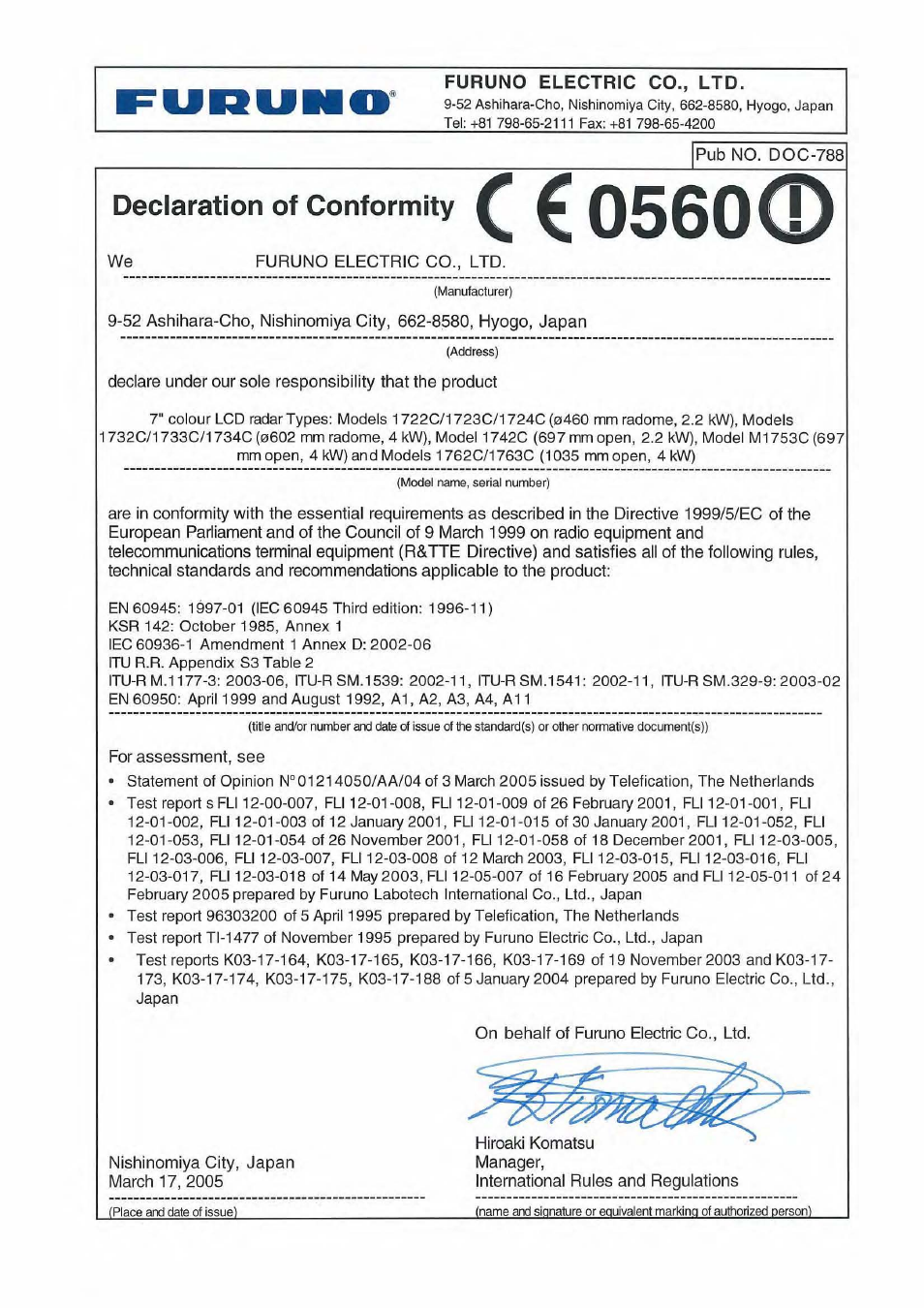 Declaration of conformity | Furuno color video plotter GD1720C User Manual | Page 247 / 247