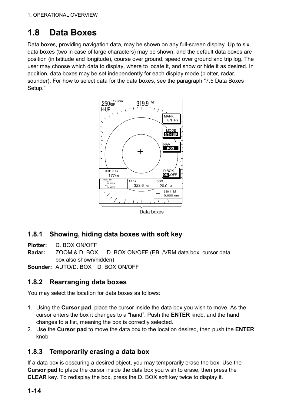 8 data boxes, 1 showing, hiding data boxes with soft key, 2 rearranging data boxes | 3 temporarily erasing a data box, H-up | Furuno color video plotter GD1720C User Manual | Page 27 / 247