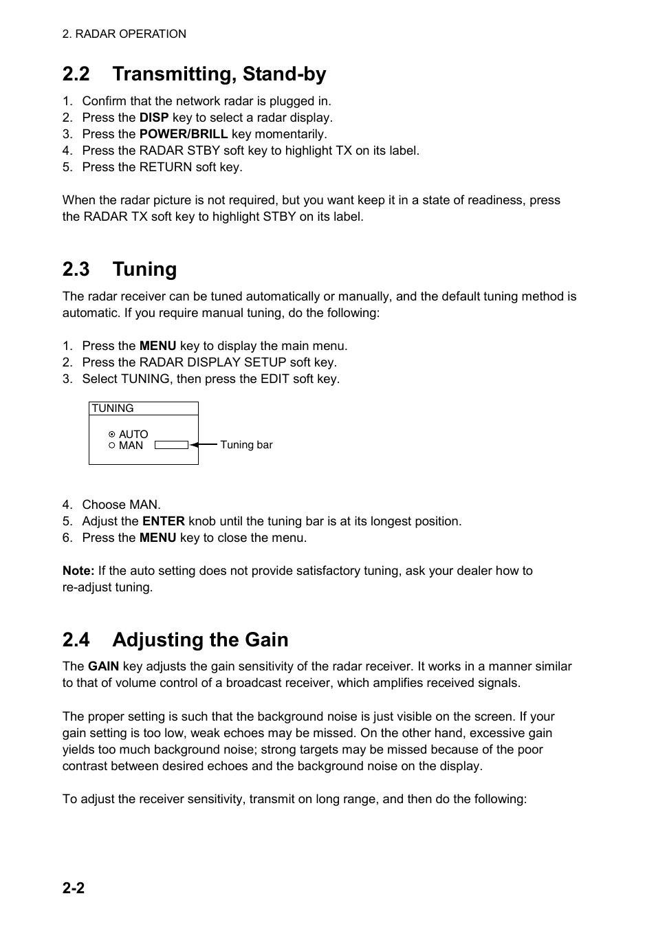 2 transmitting, stand-by, 3 tuning, 4 adjusting the gain | Furuno color video plotter GD1720C User Manual | Page 33 / 247
