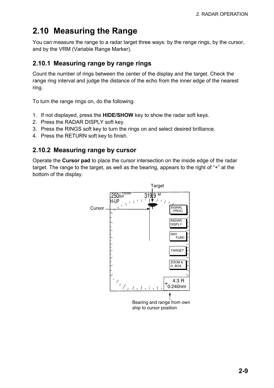 10 measuring the range, 1 measuring range by range rings, 2 measuring range by cursor | Furuno color video plotter GD1720C User Manual | Page 40 / 247