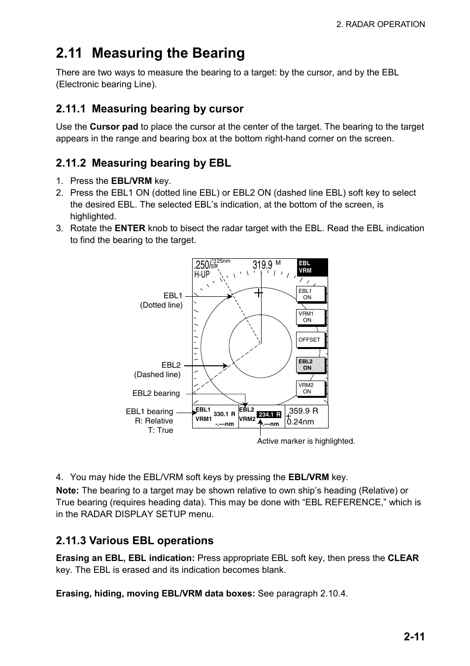 11 measuring the bearing, 1 measuring bearing by cursor, 2 measuring bearing by ebl | 3 various ebl operations | Furuno color video plotter GD1720C User Manual | Page 42 / 247