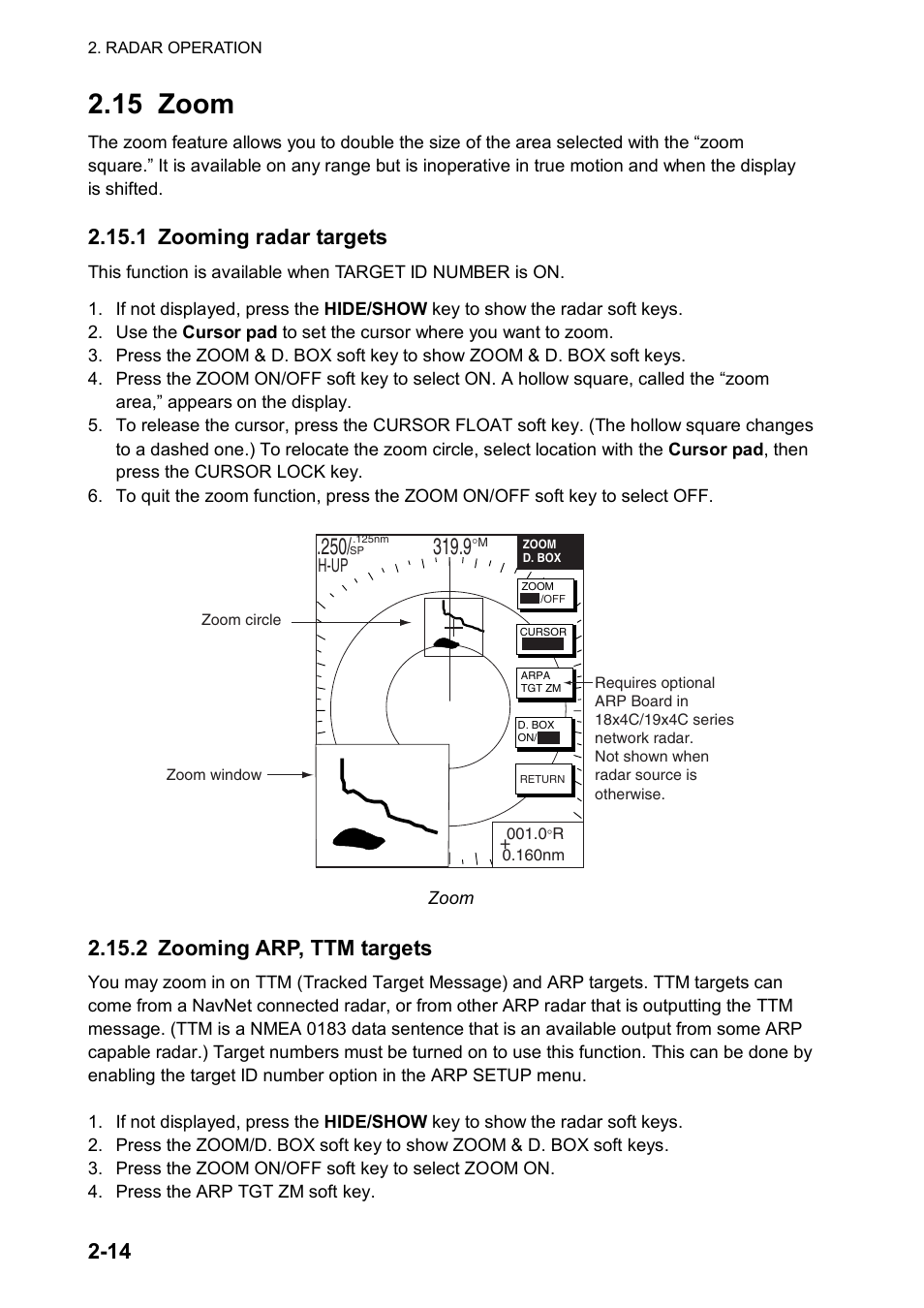 15 zoom, 1 zooming radar targets, 2 zooming arp, ttm targets | Furuno color video plotter GD1720C User Manual | Page 45 / 247