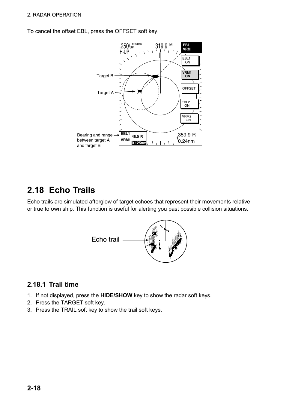 18 echo trails, Echo trail, 1 trail time | Furuno color video plotter GD1720C User Manual | Page 49 / 247