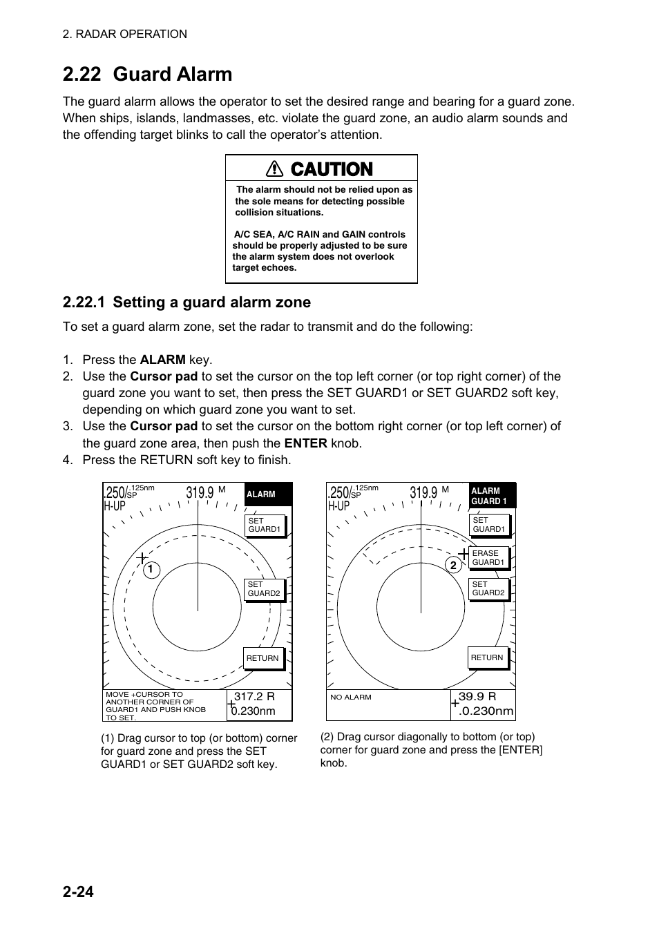 22 guard alarm, Caution, 1 setting a guard alarm zone | Furuno color video plotter GD1720C User Manual | Page 55 / 247