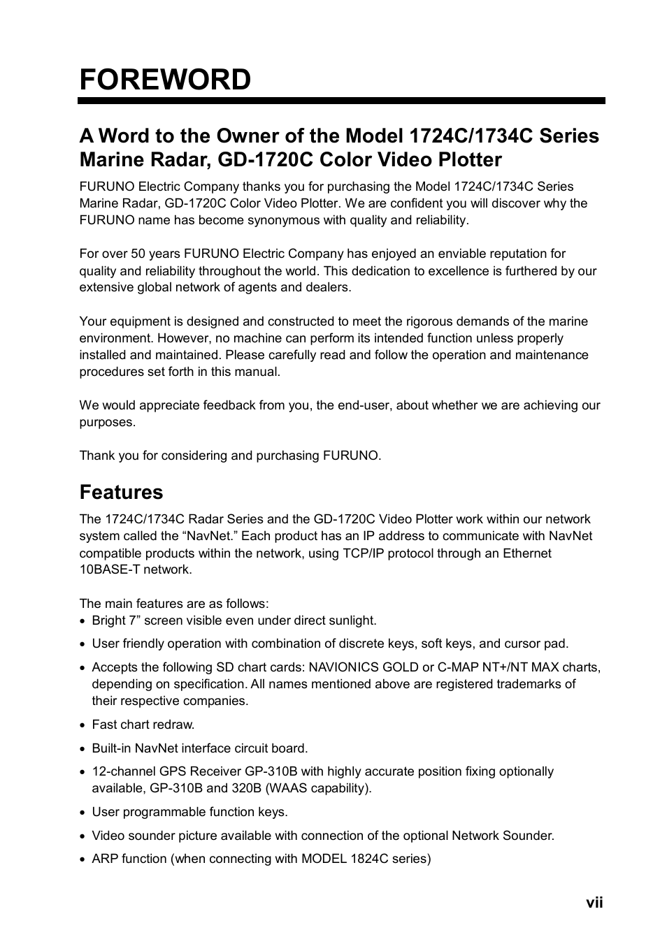 Foreword, Features | Furuno color video plotter GD1720C User Manual | Page 8 / 247