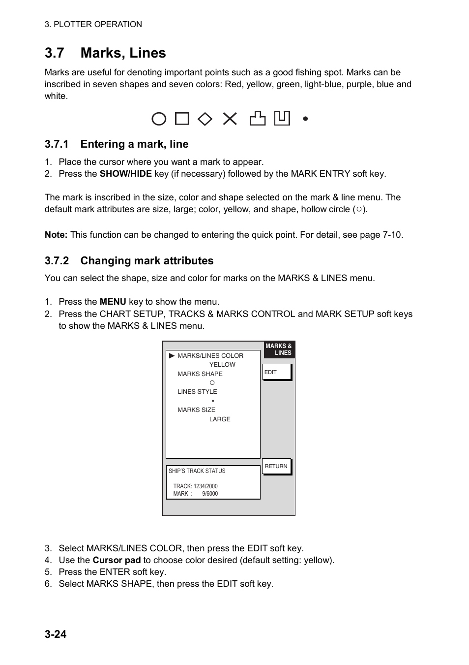 7 marks, lines, 1 entering a mark, line, 2 changing mark attributes | Furuno color video plotter GD1720C User Manual | Page 95 / 247