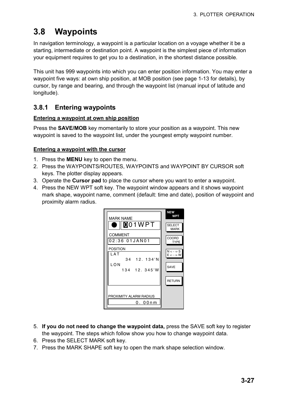 8 waypoints, 1 entering waypoints, 0 0 1 w p t | Furuno color video plotter GD1720C User Manual | Page 98 / 247