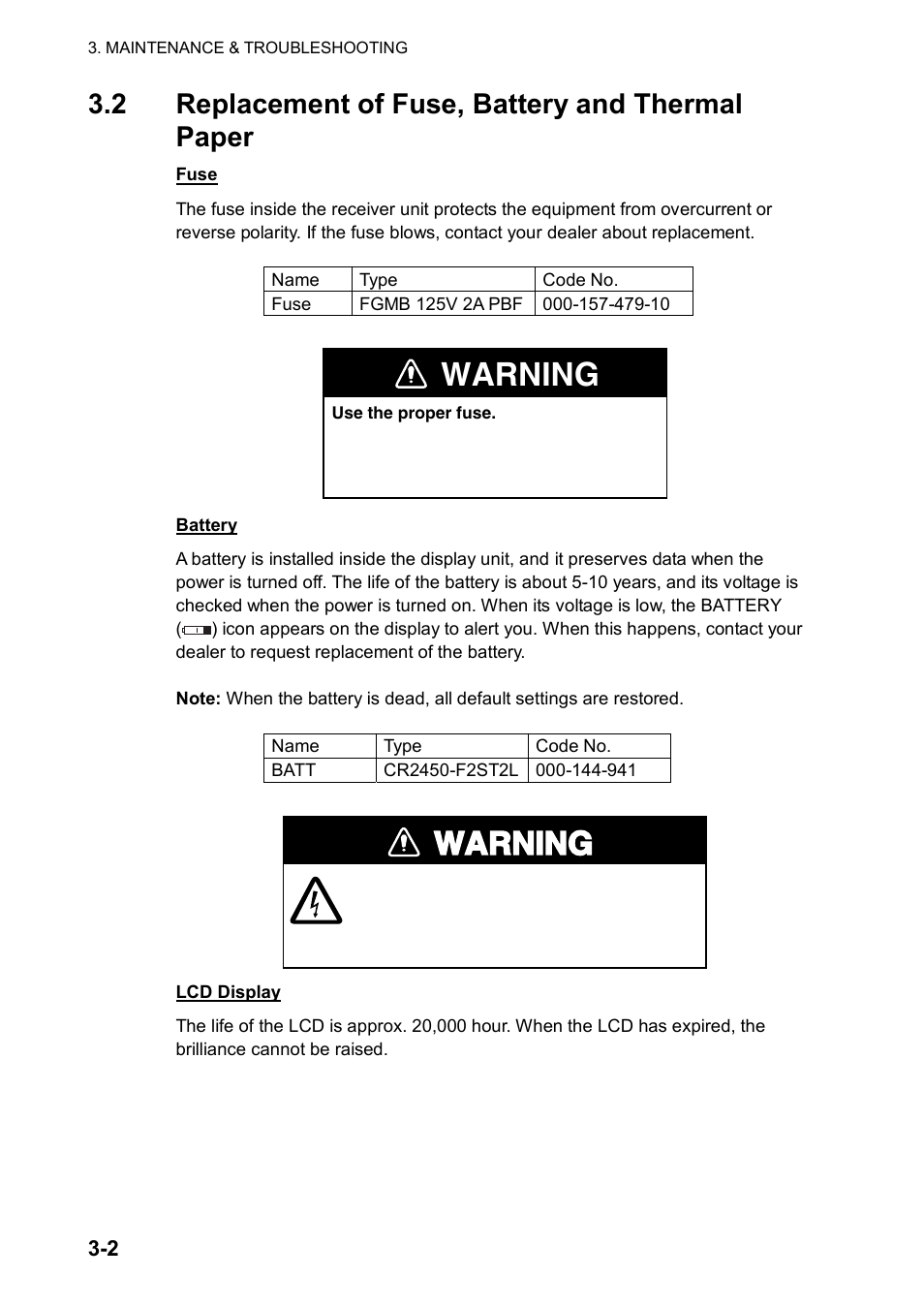 2 replacement of fuse, battery, lcd and thermal, Warning, 2 replacement of fuse, battery and thermal paper | Furuno NX-700A/B User Manual | Page 42 / 89