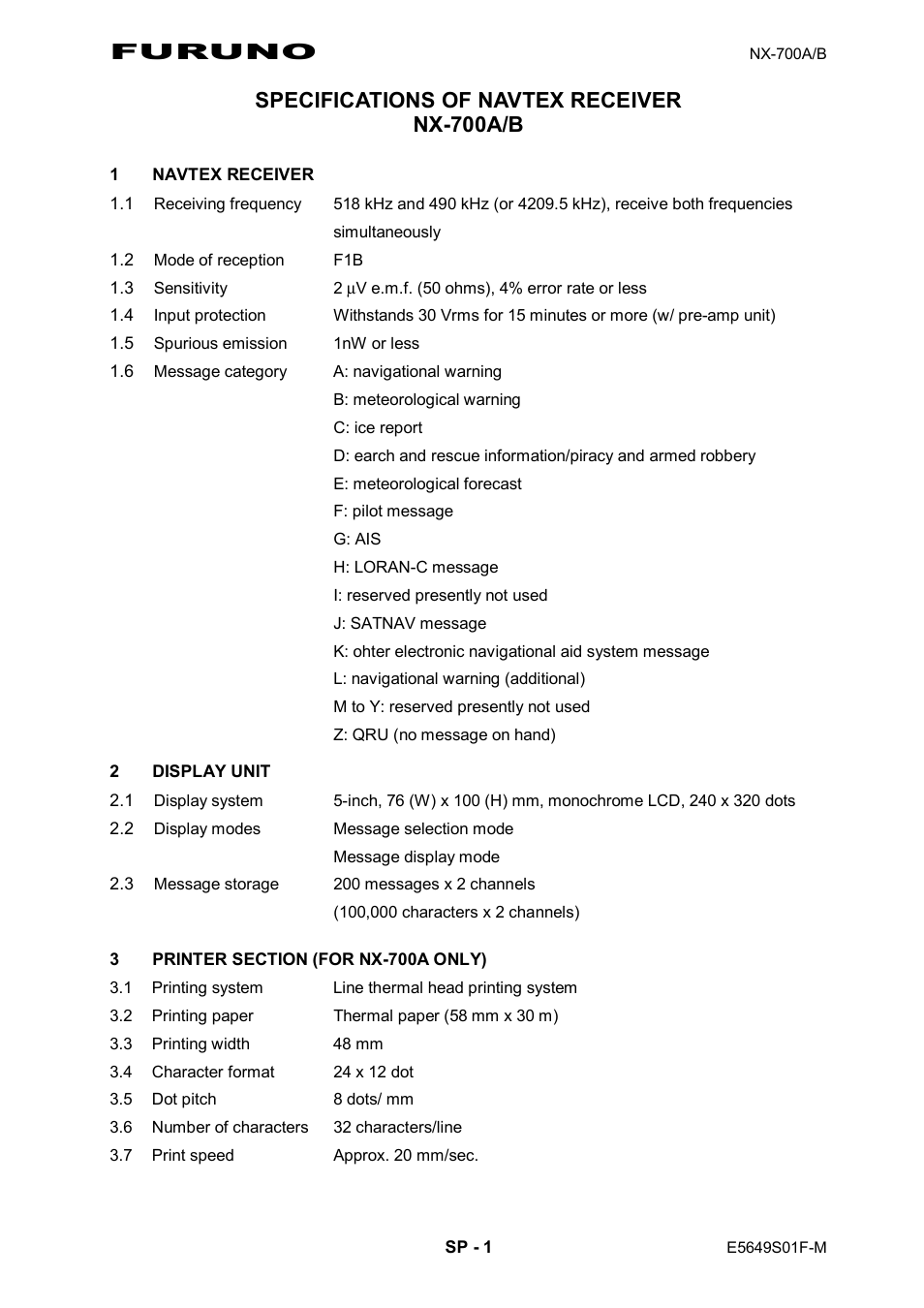 Specifications, Furuno, Specifications of navtex receiver nx-700a/b | Furuno NX-700A/B User Manual | Page 68 / 89