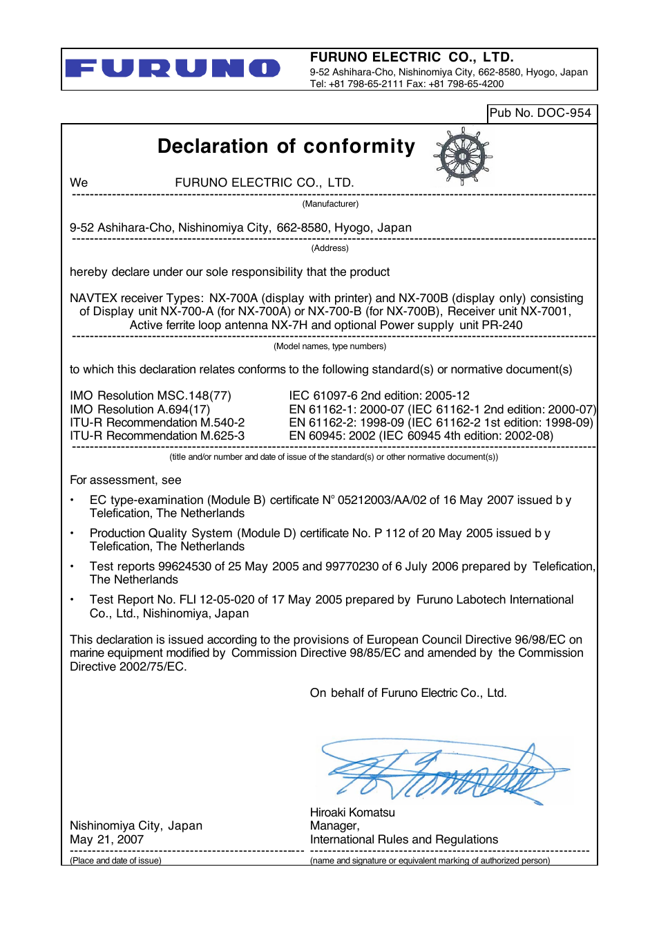 Declaration of conformity | Furuno NX-700A/B User Manual | Page 89 / 89