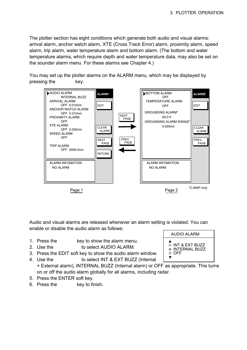 11 alarms, 1 audio alarm on/off, Plotter alarm menu | Furuno NAVNET 1724C User Manual | Page 120 / 247