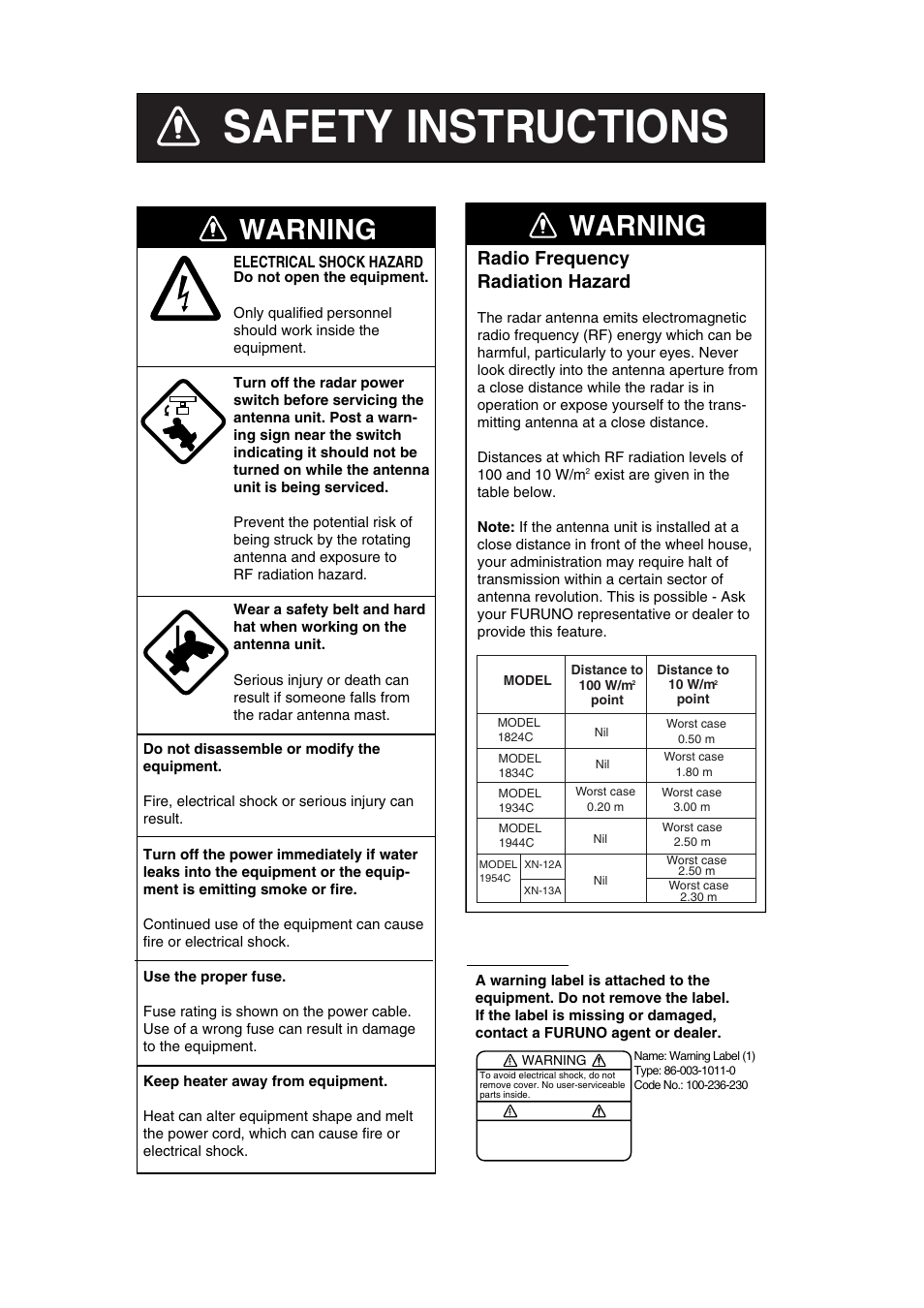 Safety instructions, Warning, Radio frequency radiation hazard | Furuno NAVNET 1724C User Manual | Page 3 / 247