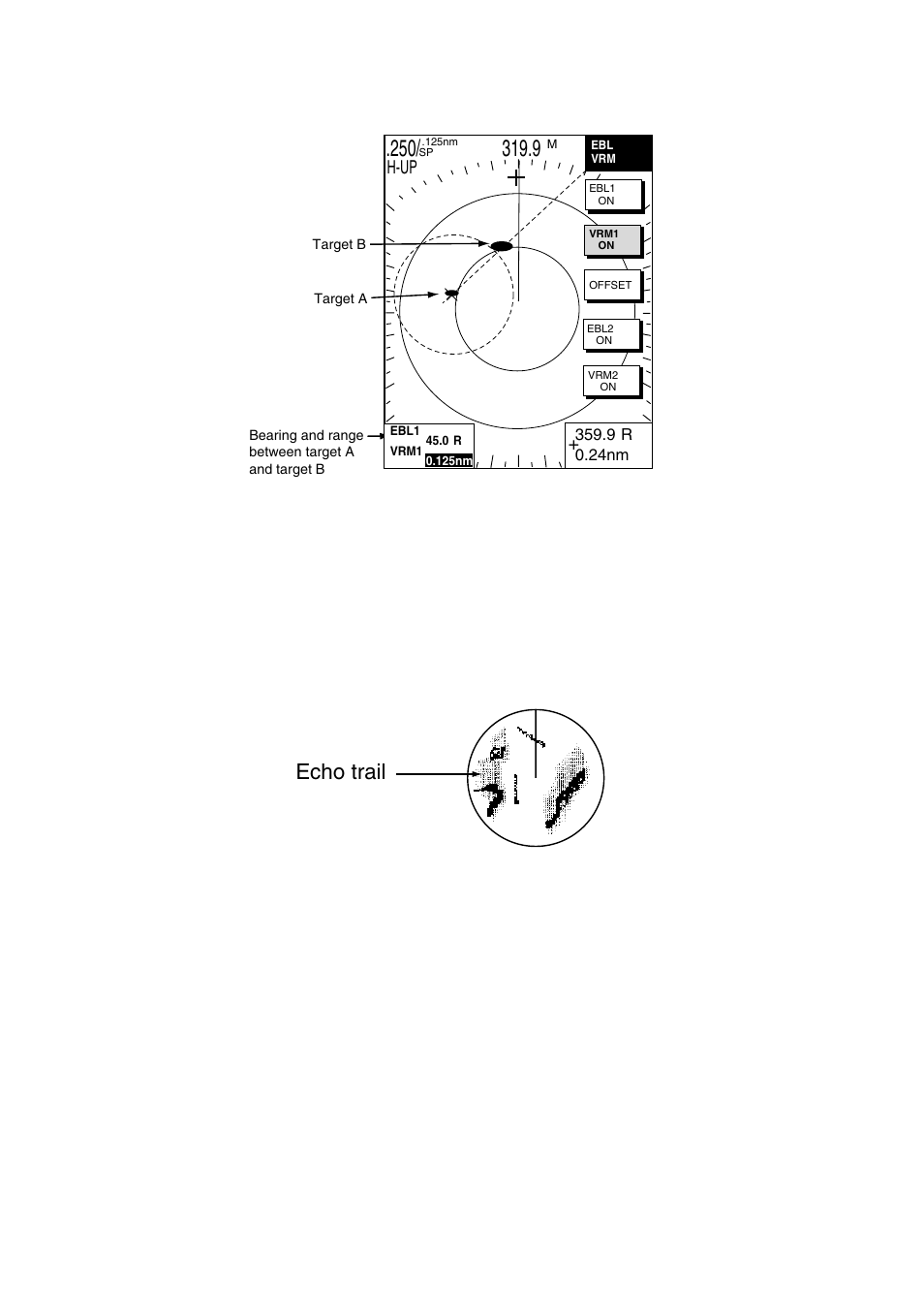 18 echo trails, Echo trail, 1 trail time | H-up | Furuno NAVNET 1724C User Manual | Page 49 / 247