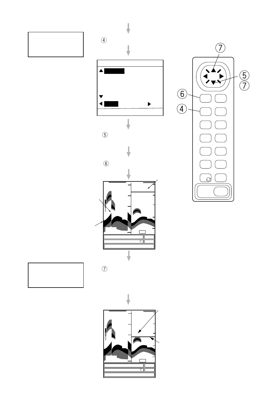 Select the bottom zoom display, Measure depth to fish school, 6press the esc key | Furuno GP-1610CF User Manual | Page 15 / 20