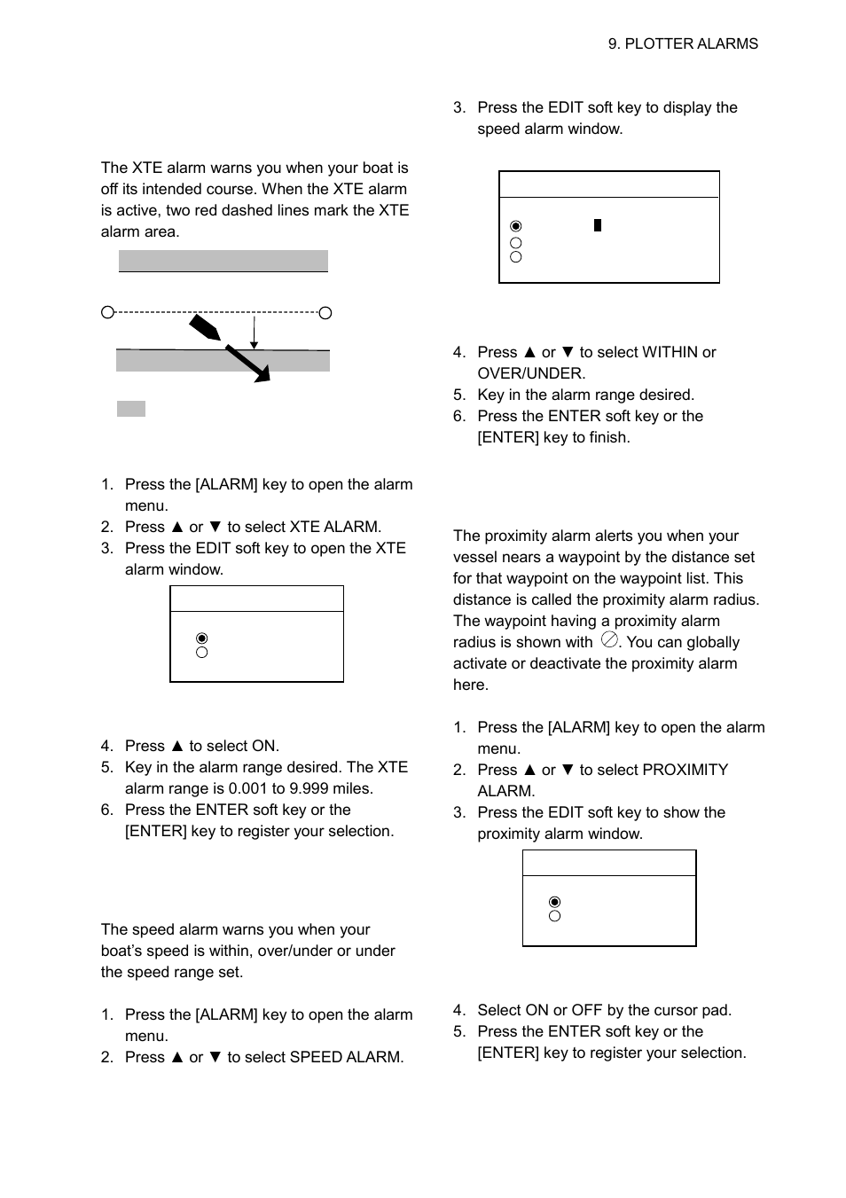 5 xte (cross track error) alarm, 6 speed alarm, 7 proximity alarm | Furuno GP-1850WF User Manual | Page 67 / 115