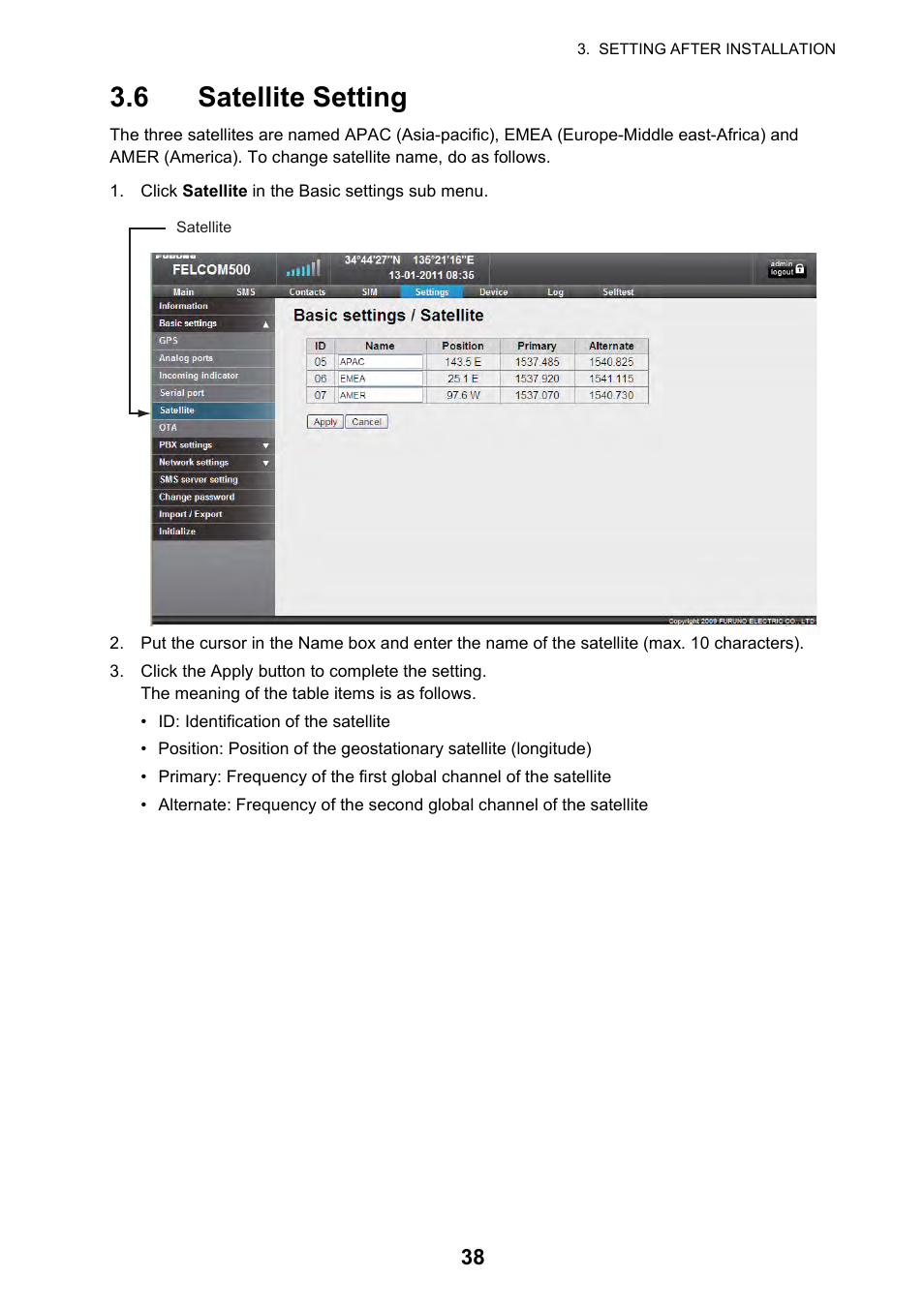 6 satellite setting | Furuno FELCOM 250 User Manual | Page 44 / 66
