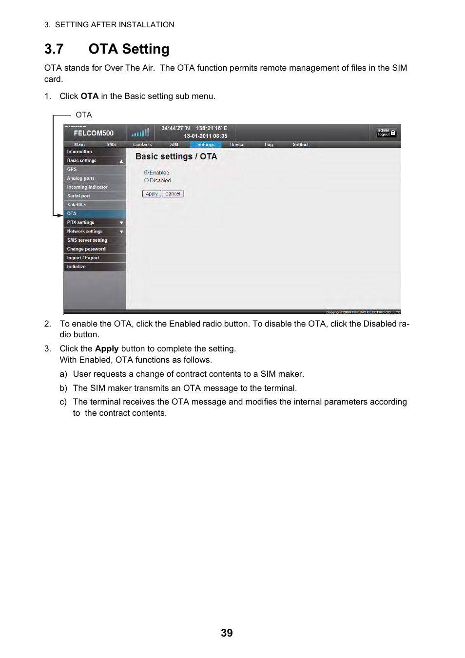 7 ota setting | Furuno FELCOM 250 User Manual | Page 45 / 66