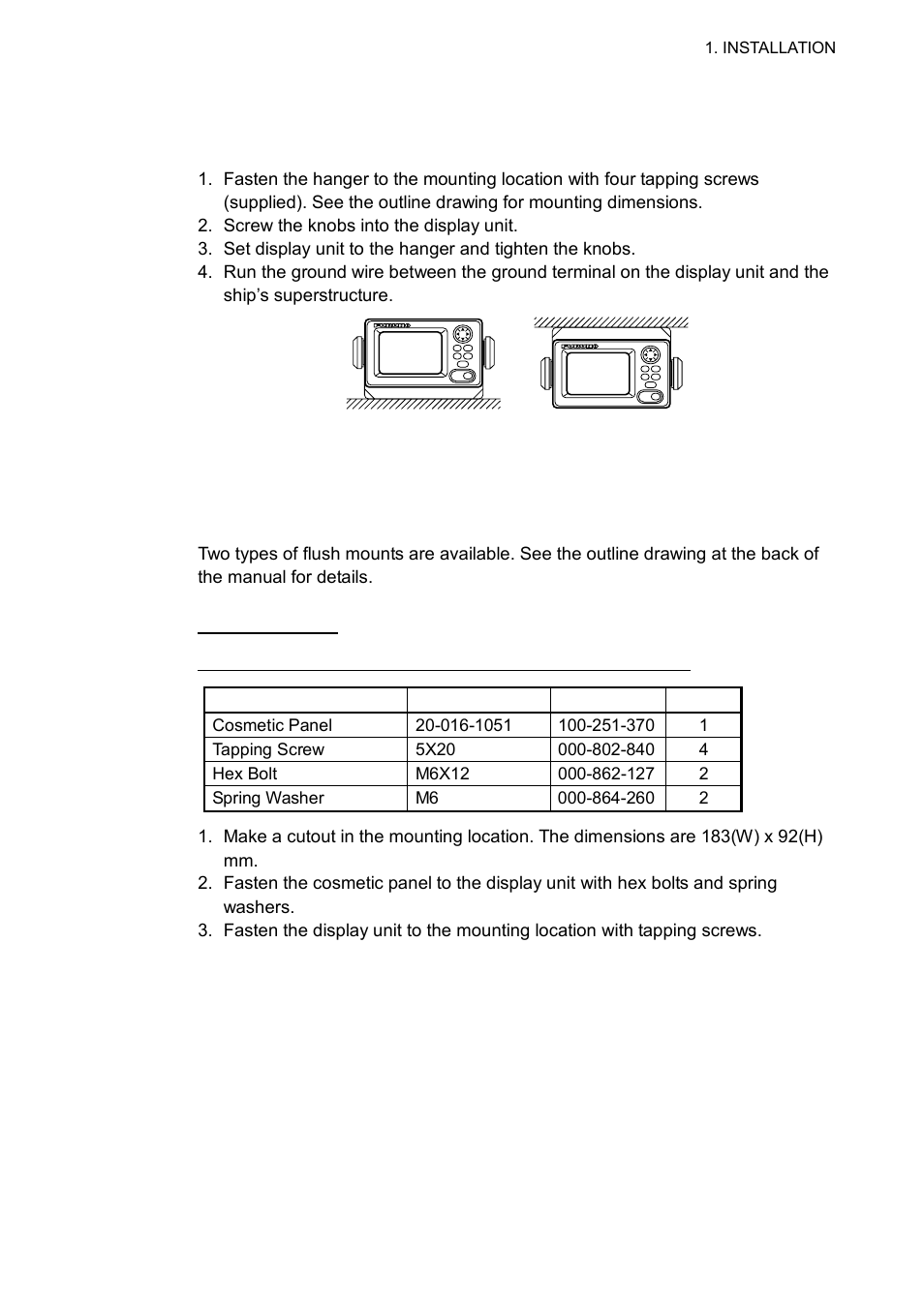 4 installing the display unit, 1 desktop, overhead mounting, 2 flush mount | Furuno Sc 50 User Manual | Page 25 / 101