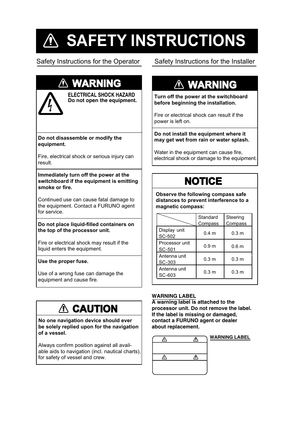 Safety instructions, Warning, Notice | Caution | Furuno Sc 50 User Manual | Page 3 / 101