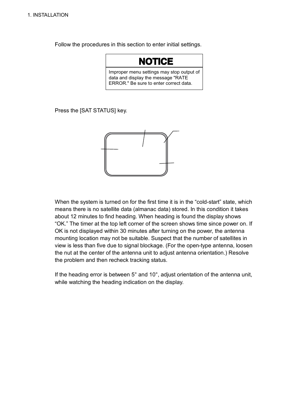 6 initial settings, Notice, 1 confirming satellite status | Furuno Sc 50 User Manual | Page 30 / 101