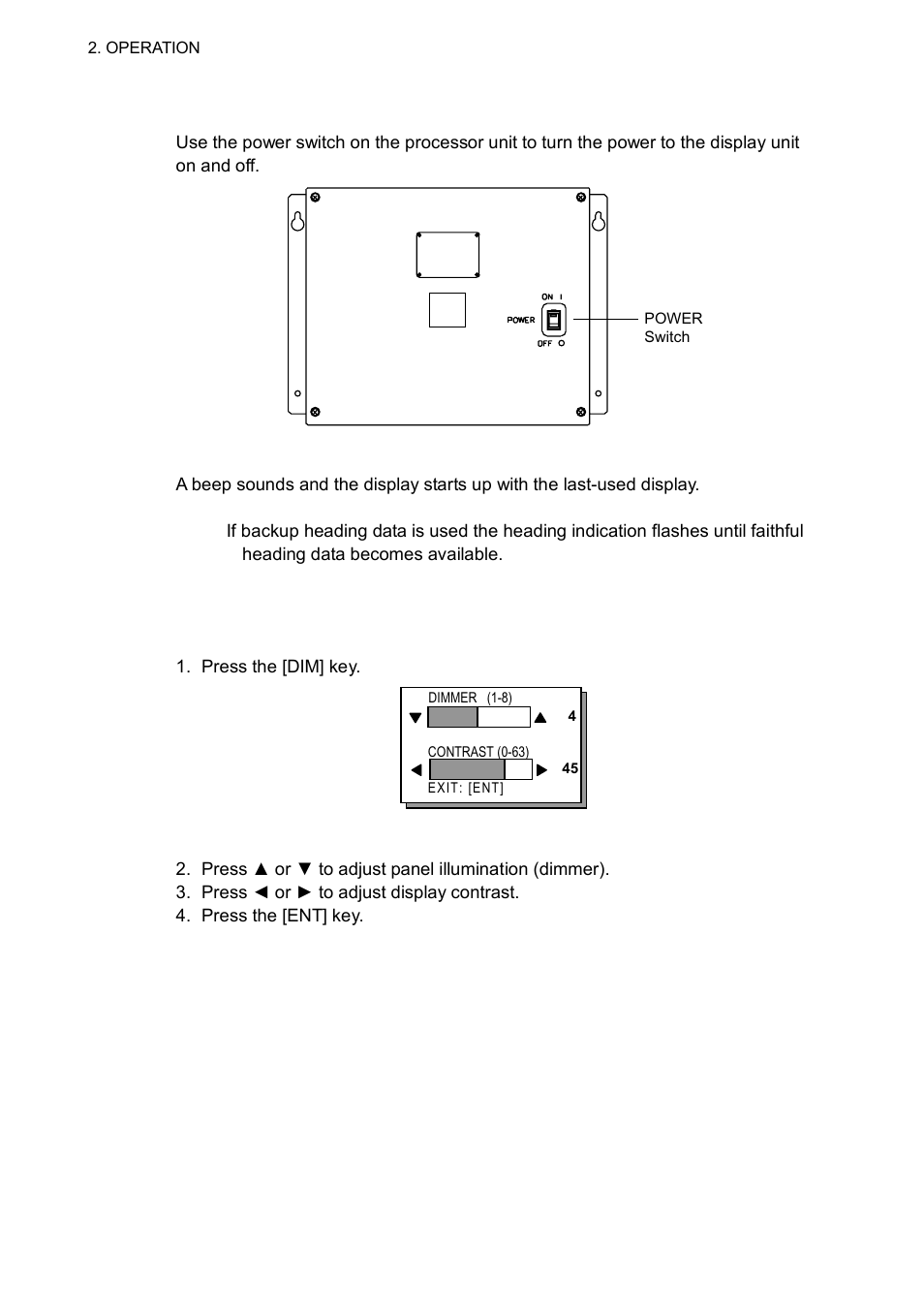 2 turning the power on/off, 3 panel illumination, display contrast | Furuno Sc 50 User Manual | Page 36 / 101