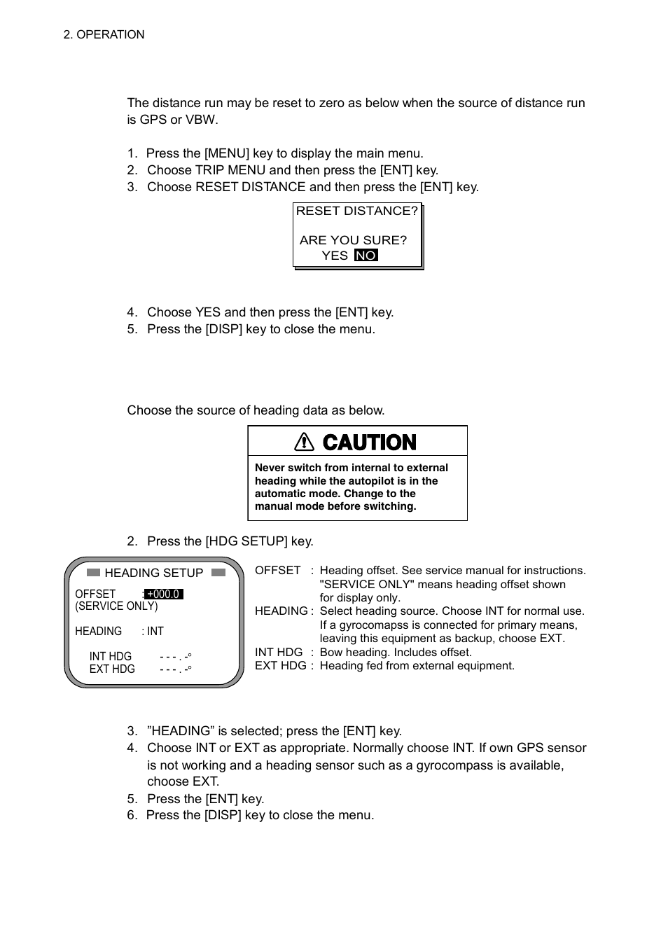 13 resetting distance run, 14 choosing external heading source for backup, Caution | Furuno Sc 50 User Manual | Page 56 / 101