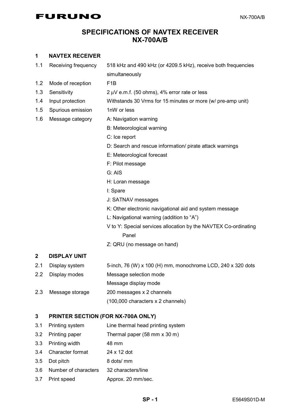 Specifications, Furuno, Specifications of navtex receiver nx-700a/b | Furuno NX-700B User Manual | Page 68 / 89