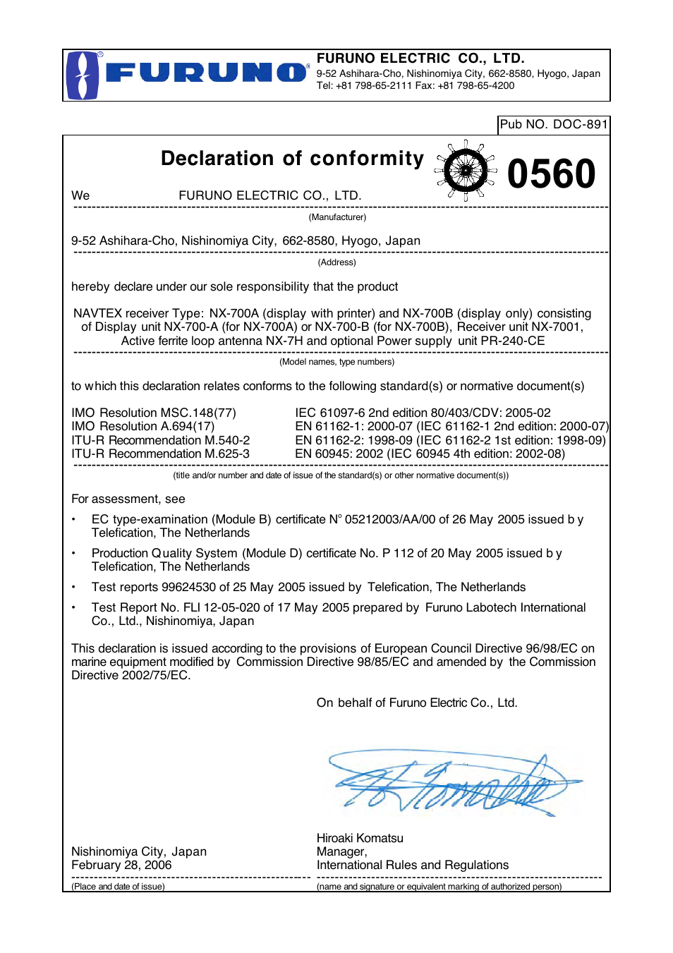 Declaration of conformity | Furuno NX-700B User Manual | Page 89 / 89