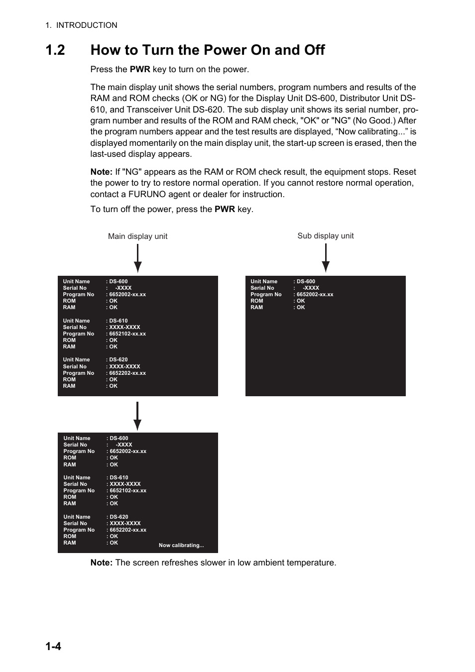 2 how to turn the power on and off, Sub display unit main display unit, Introduction | Furuno DS-60 User Manual | Page 14 / 94