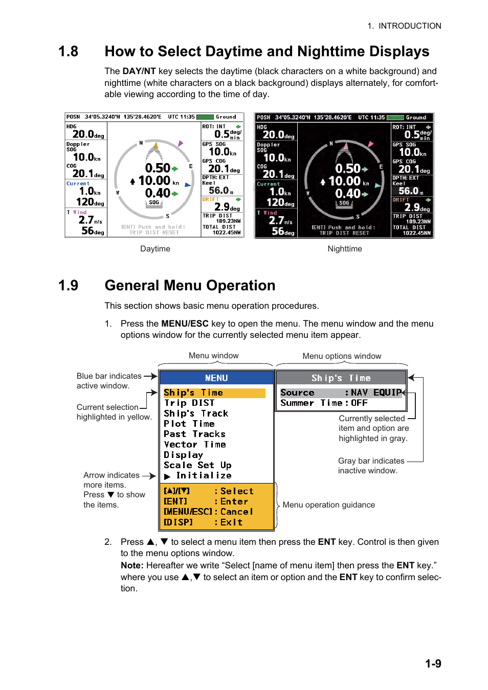 8 how to select daytime and nighttime displays, 9 general menu operation | Furuno DS-60 User Manual | Page 19 / 94