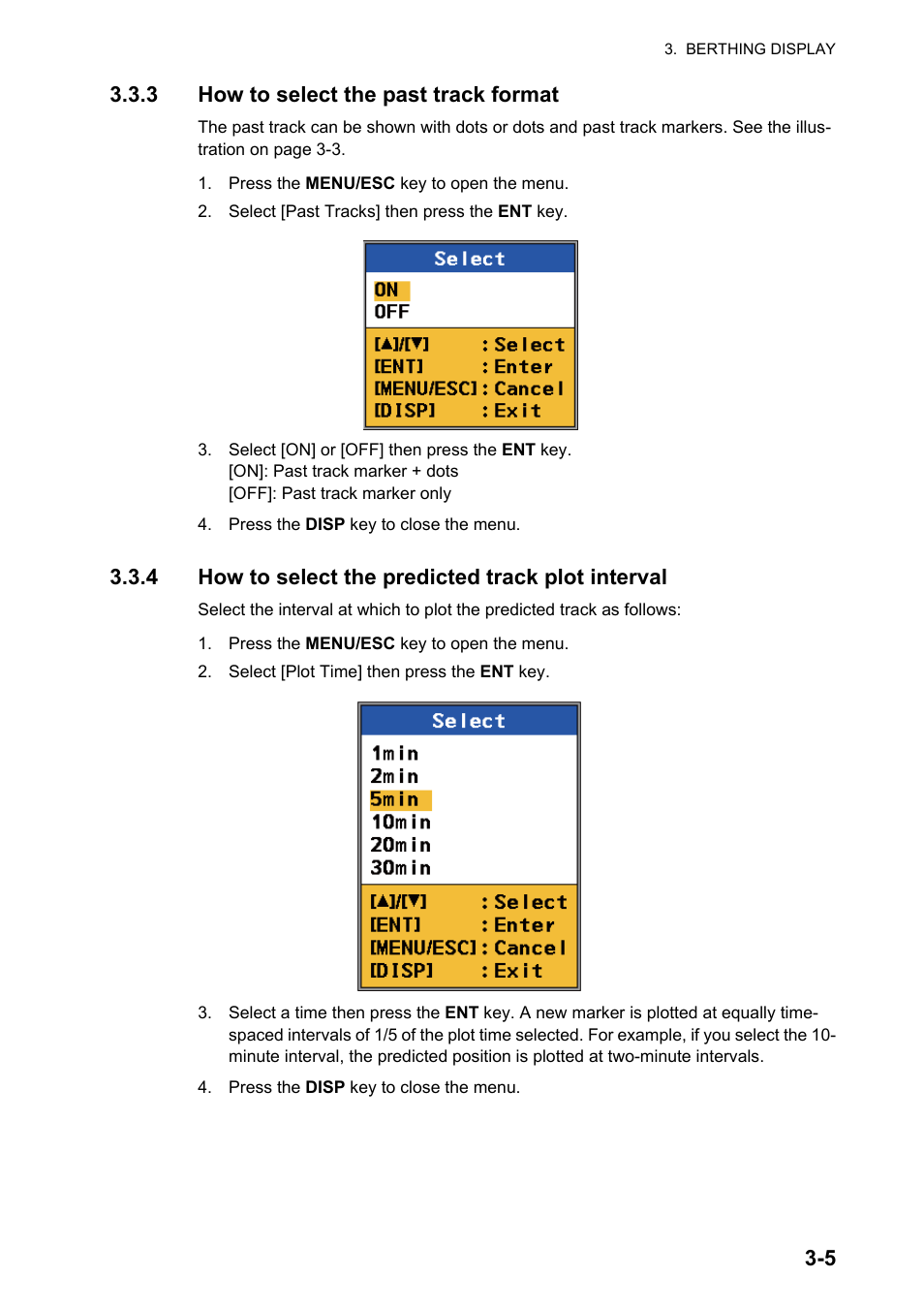 5 3.3.3 how to select the past track format, 4 how to select the predicted track plot interval | Furuno DS-60 User Manual | Page 35 / 94