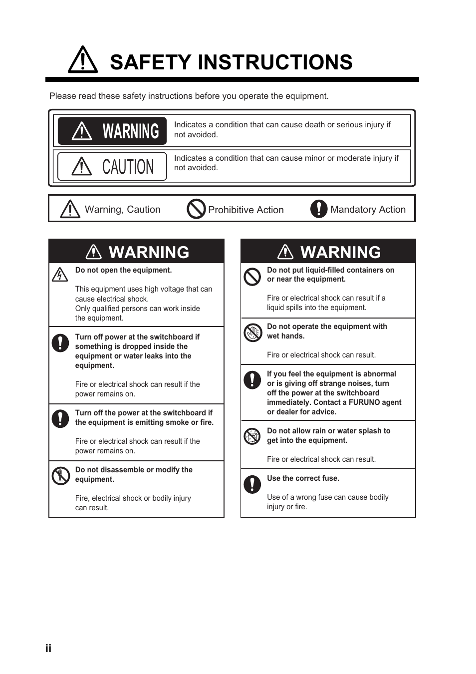 Safety instructions, Safety instructions warning, Caution | Warning | Furuno DS-60 User Manual | Page 4 / 94