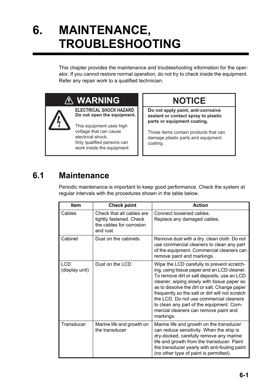 Maintenance, troubleshooting, 1 maintenance, Warning | Notice | Furuno DS-60 User Manual | Page 61 / 94