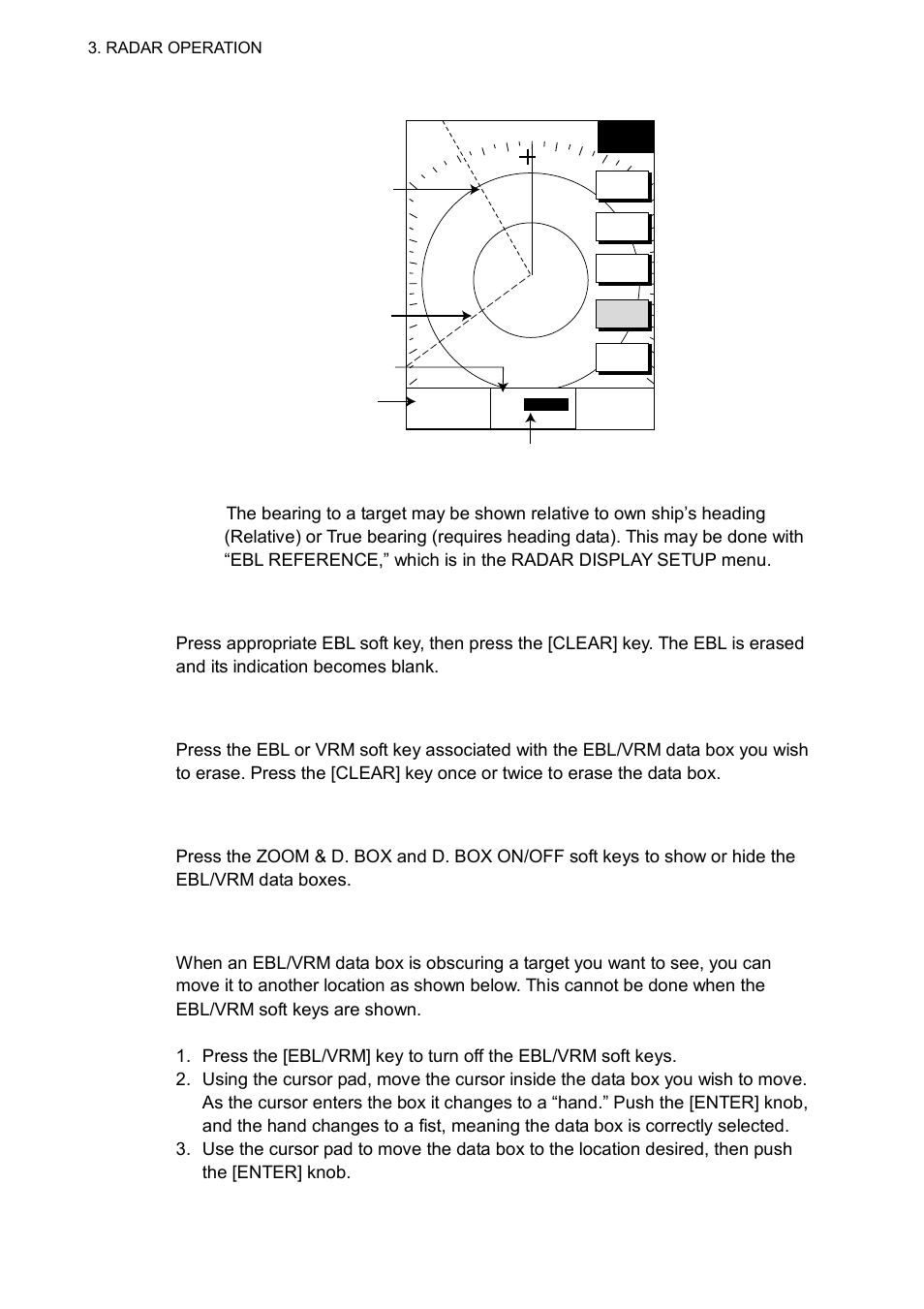 3 erasing an ebl, ebl indication, 4 erasing ebl/vrm data boxes, 5 hiding ebl/vrm data boxes | 6 moving ebl/vrm data boxes | Furuno GD-1700C User Manual | Page 110 / 249