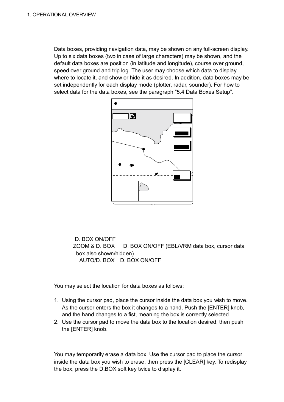 8 data boxes, 1 showing, hiding data boxes with soft key, 2 rearranging data boxes | 3 temporarily erasing a data box, Plotter display, showing data boxes, Plotter: d. box on/off radar: zoom & d. box, D. box on/off | Furuno GD-1700C User Manual | Page 30 / 249
