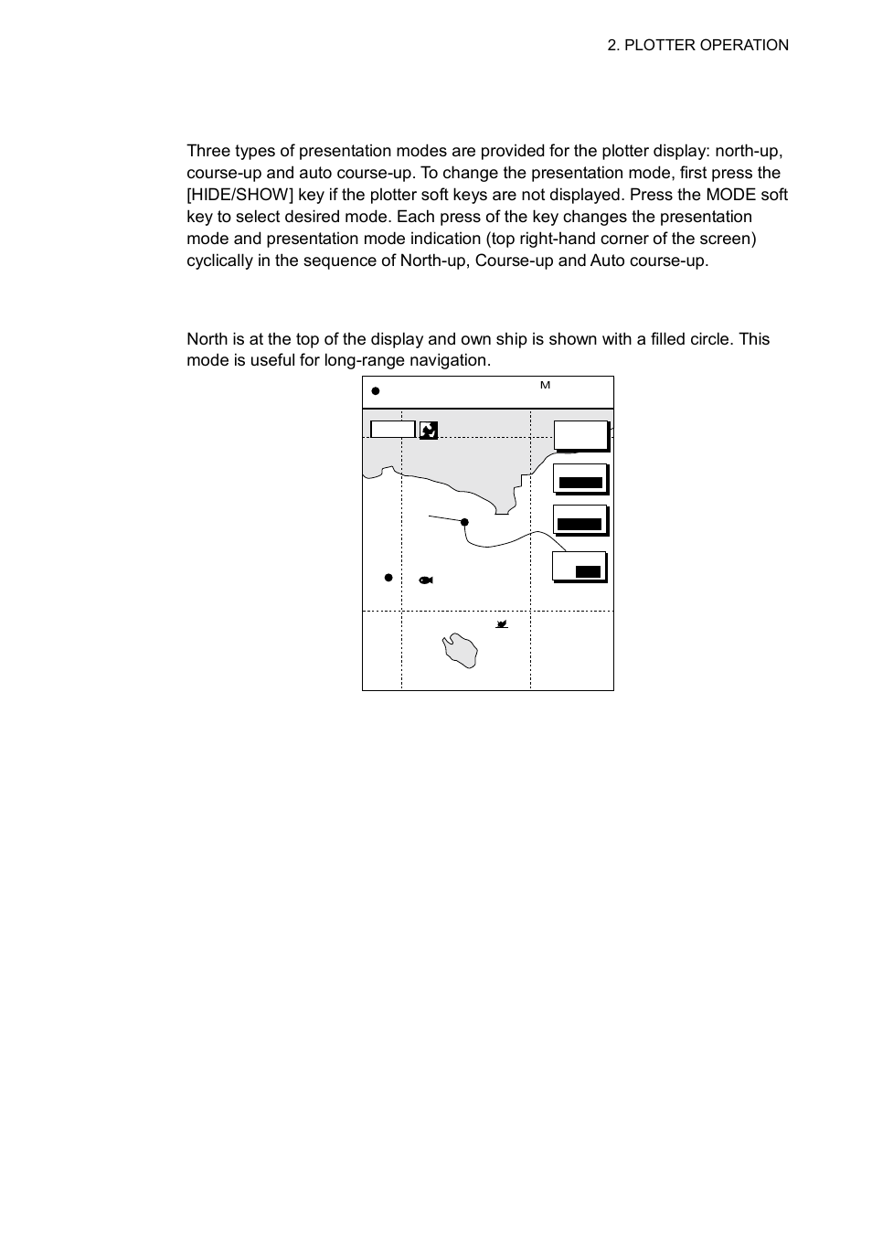 2 presentation mode, 1 north-up, Plotter display, north-up mode | Furuno GD-1700C User Manual | Page 41 / 249