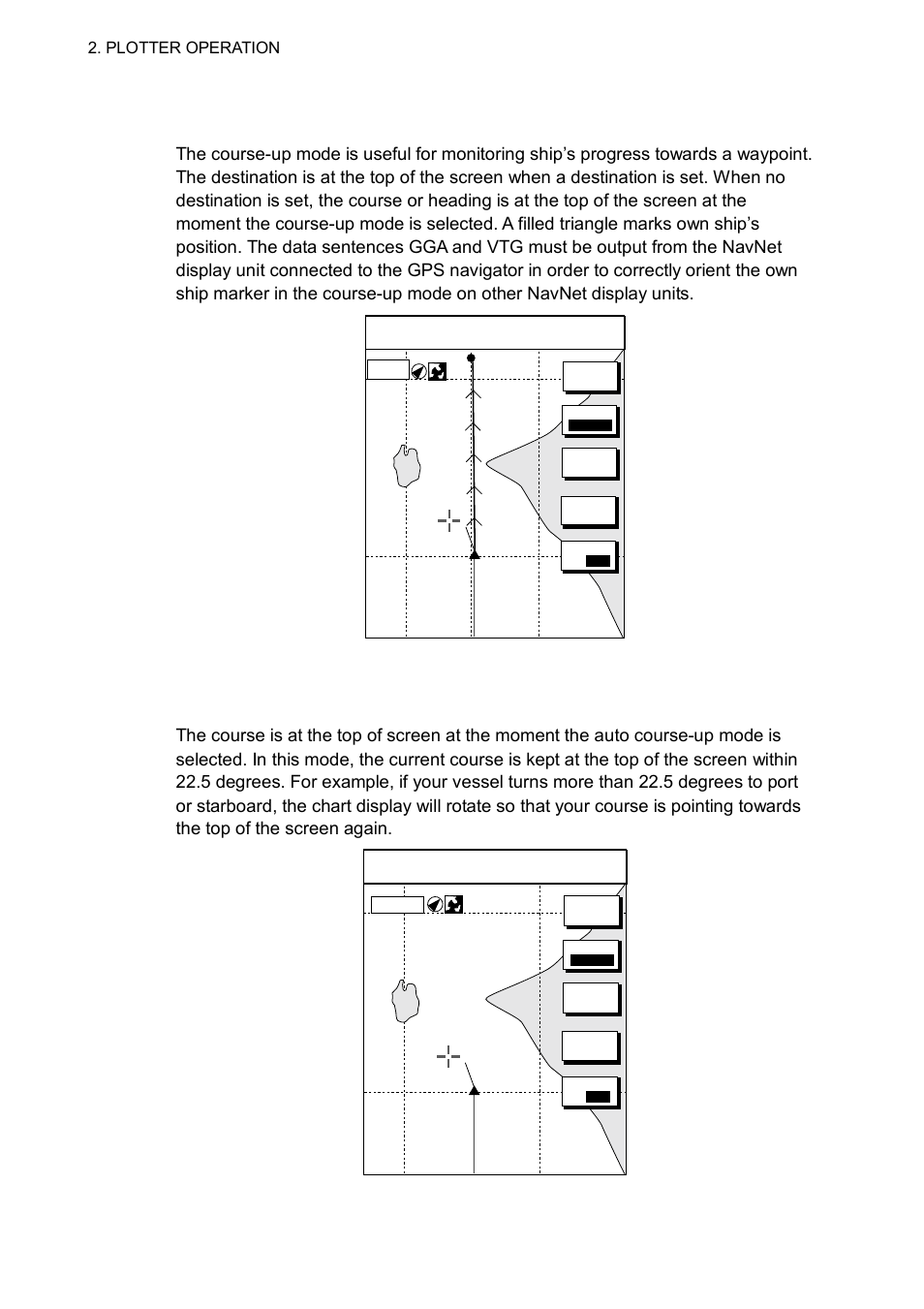 8 2.2.2 course-up, 3 auto course-up, Plotter display, course-up mode, destination set | Plotter display, auto course-up mode, Plotter operation, 0 nm | Furuno GD-1700C User Manual | Page 42 / 249