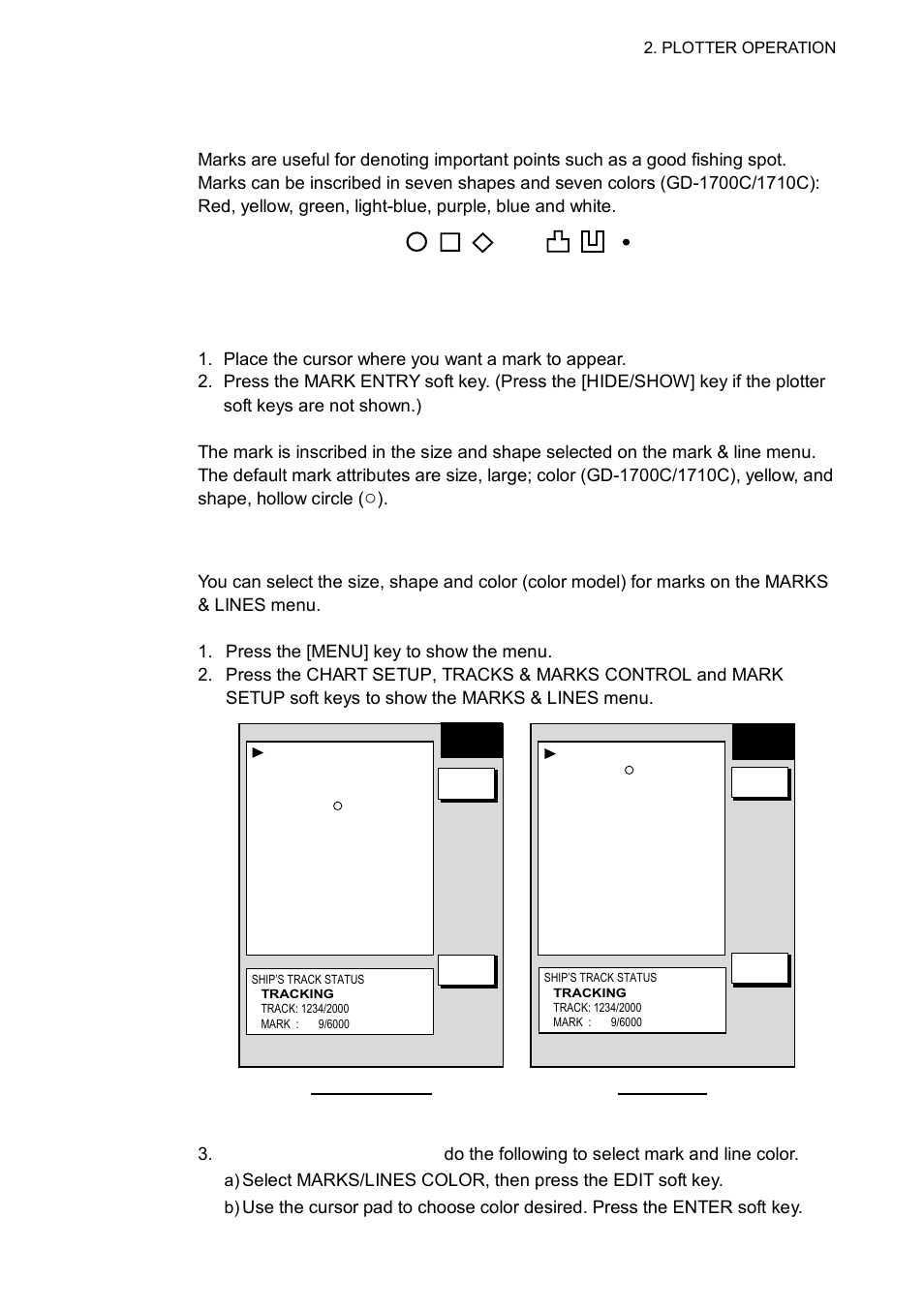 7 marks, lines, 1 entering a mark, line, 2 changing mark attributes | Furuno GD-1700C User Manual | Page 59 / 249