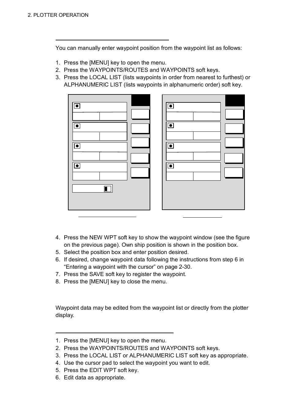 2 editing waypoint data, Plotter operation, Alphanumeric waypoint list | Local waypoint list | Furuno GD-1700C User Manual | Page 66 / 249