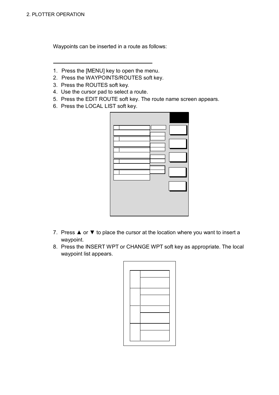 Waypoint list for editing a route (local list), Plotter operation, 001wpt | 002wpt, 003wpt, 004wpt | Furuno GD-1700C User Manual | Page 76 / 249