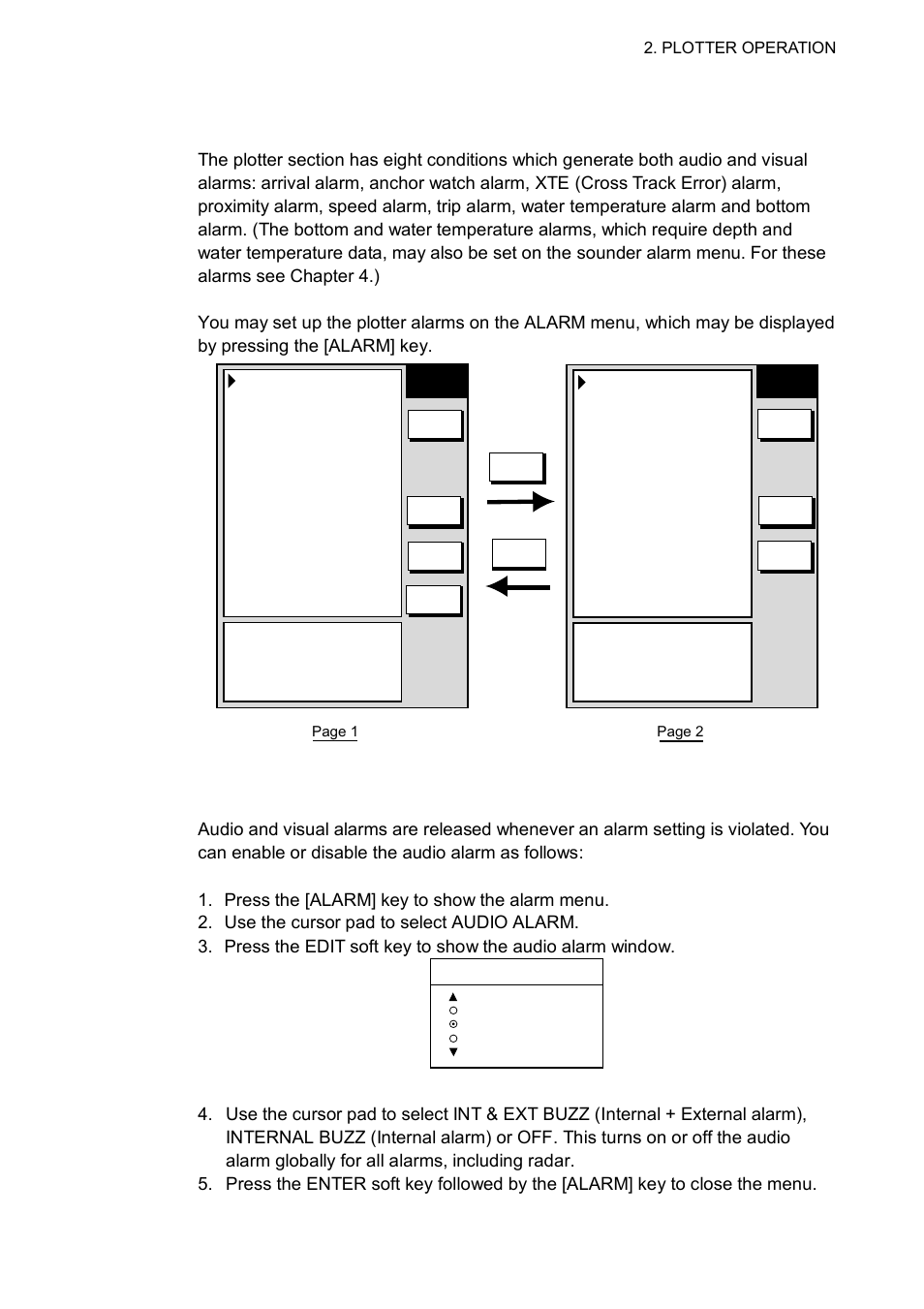11 alarms, 1 audio alarm on/off, Plotter alarm menu | Furuno GD-1700C User Manual | Page 87 / 249