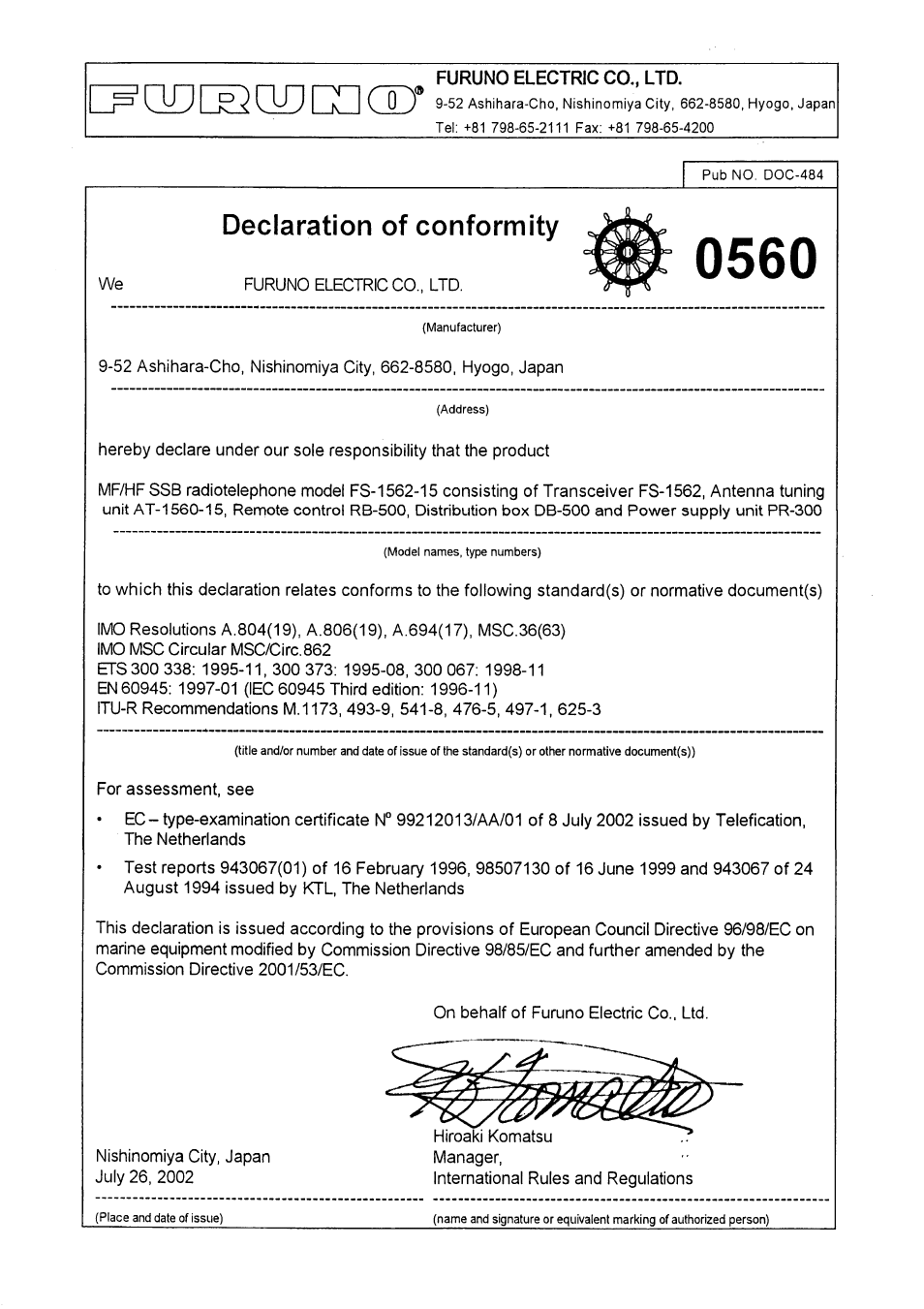 Declaration of conformity to type | Furuno FS-1562-15 User Manual | Page 57 / 58